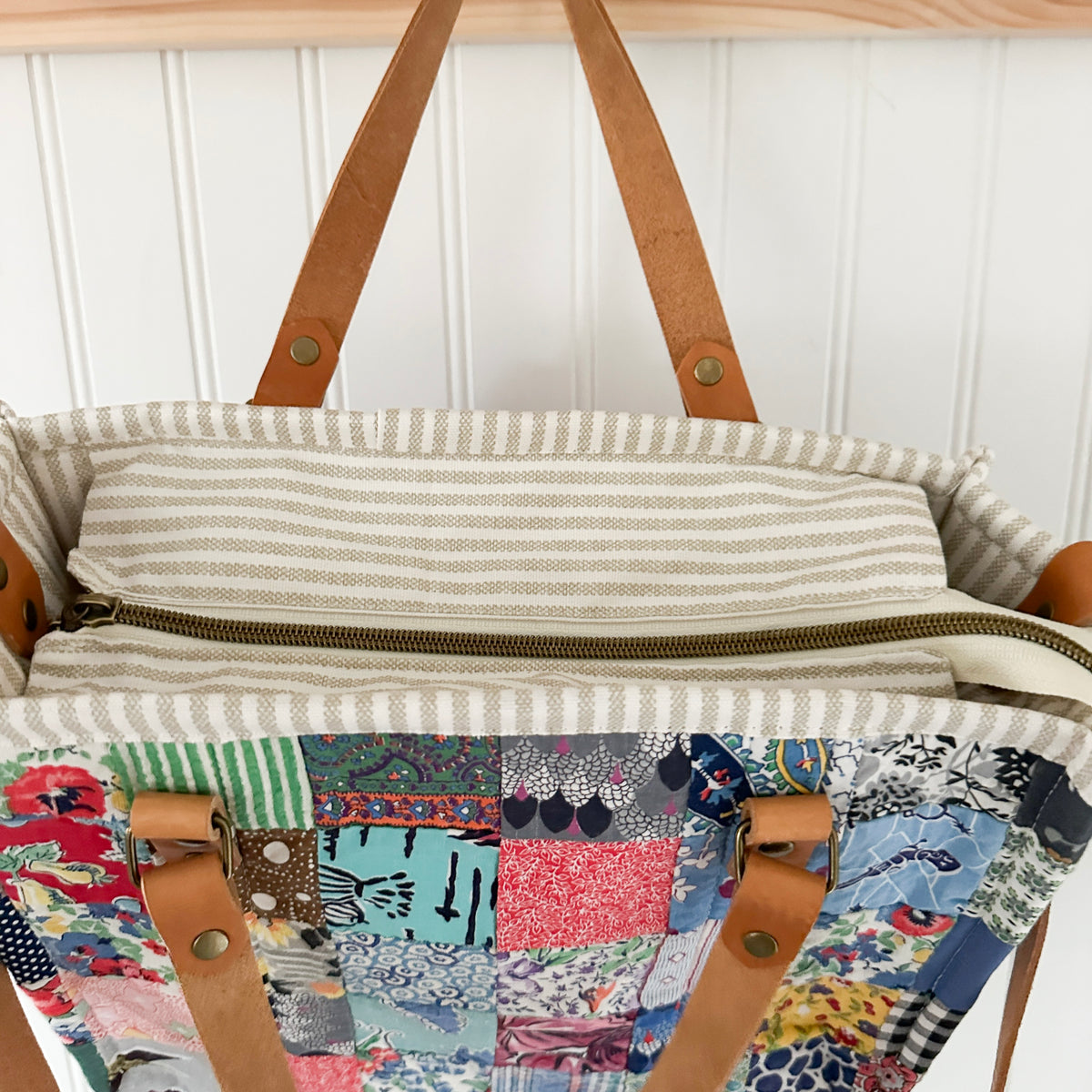 Boxy Bible Bag Vintage Feed Sack Postage Stamp Quilt with Leather Handles and Crossbody Strap