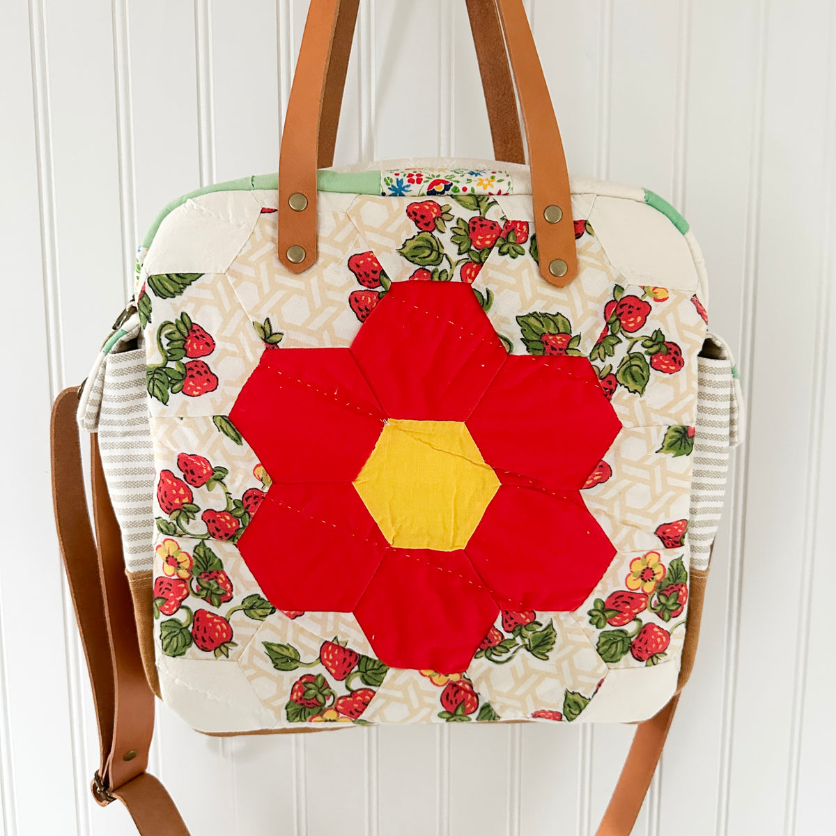 Sunday School Teachers Bag Vintage Grandmothers Garden Quilt with Leather Handles and Crossbody Strap