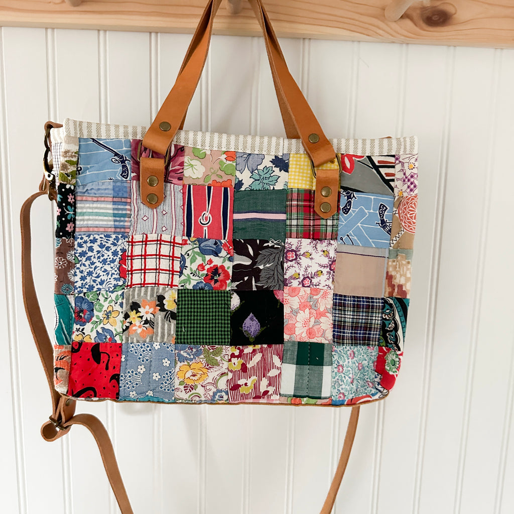 Boxy Bible Bag Vintage Feed Sack Postage Stamp Quilt with Leather Handles and Crossbody Strap