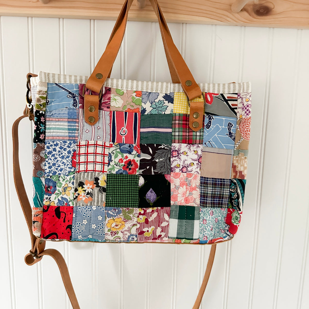 Boxy Bible Bag Vintage Feed Sack Postage Stamp Quilt with Leather Handles and Crossbody Strap