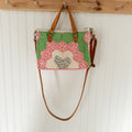 Boxy Bible Bag Vintage Grandmothers Garden Quilt with Leather Handles and Crossbody Strap