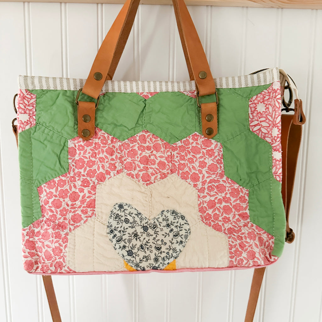 Boxy Bible Bag Vintage Grandmothers Garden Quilt with Leather Handles and Crossbody Strap