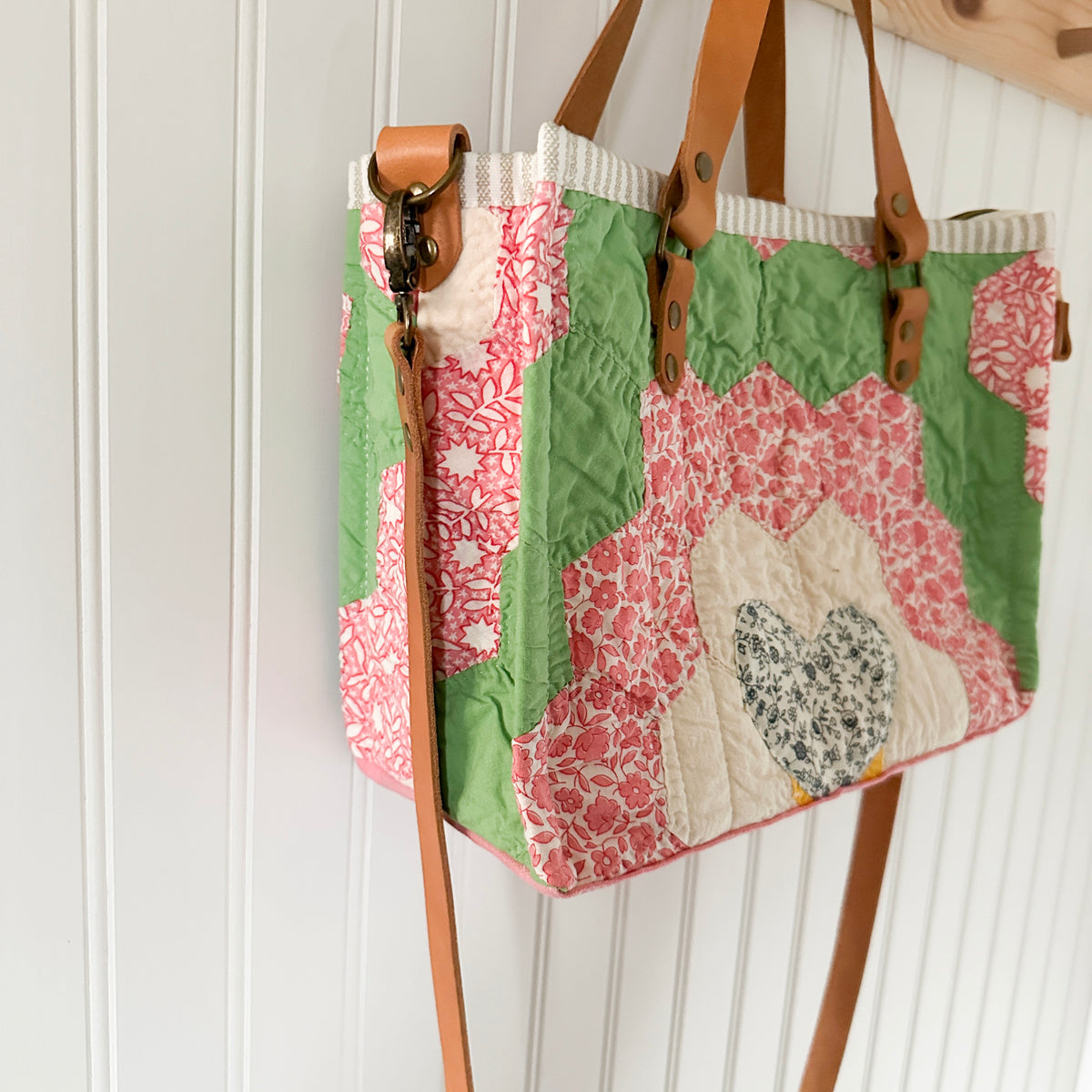 Boxy Bible Bag Vintage Grandmothers Garden Quilt with Leather Handles and Crossbody Strap