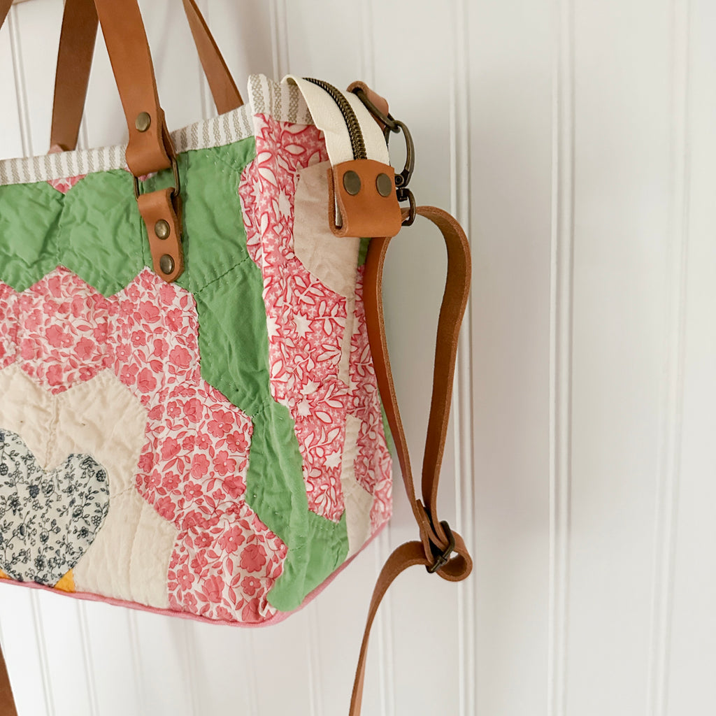Boxy Bible Bag Vintage Grandmothers Garden Quilt with Leather Handles and Crossbody Strap