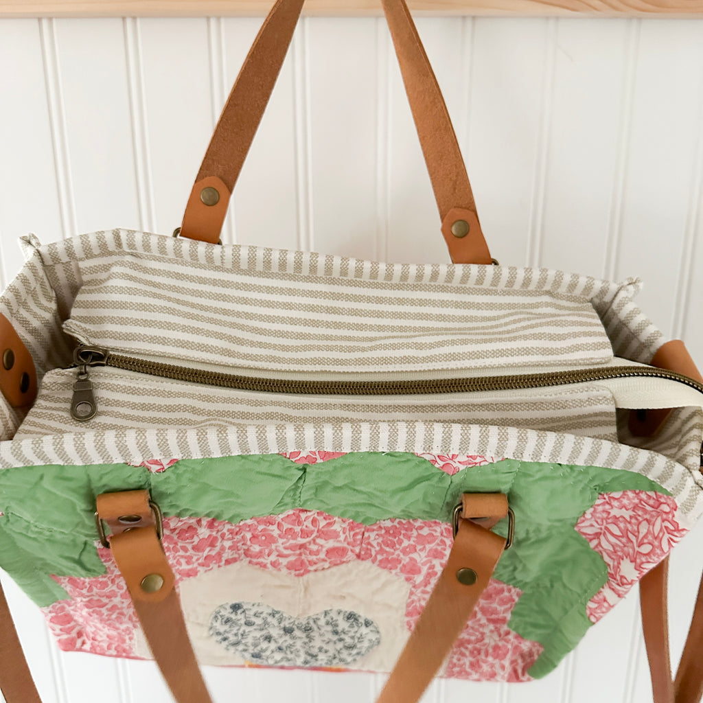 Boxy Bible Bag Vintage Grandmothers Garden Quilt with Leather Handles and Crossbody Strap