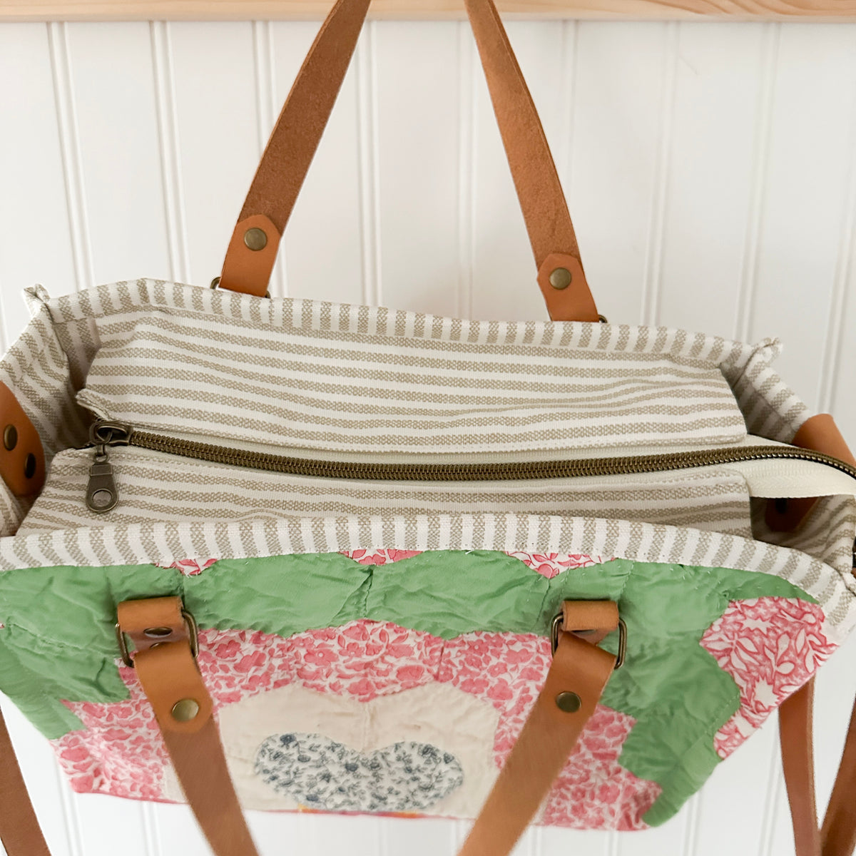 Boxy Bible Bag Vintage Grandmothers Garden Quilt with Leather Handles and Crossbody Strap