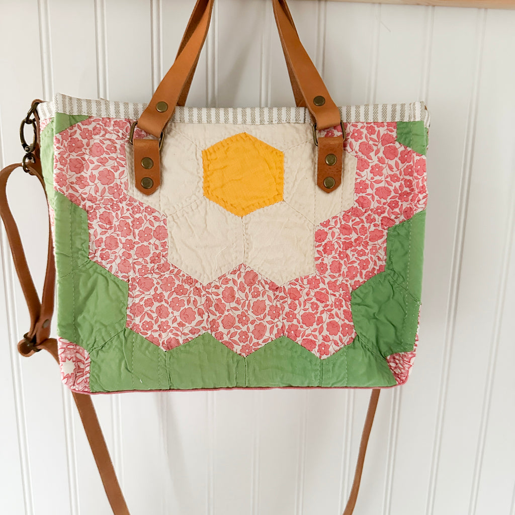 Boxy Bible Bag Vintage Grandmothers Garden Quilt with Leather Handles and Crossbody Strap