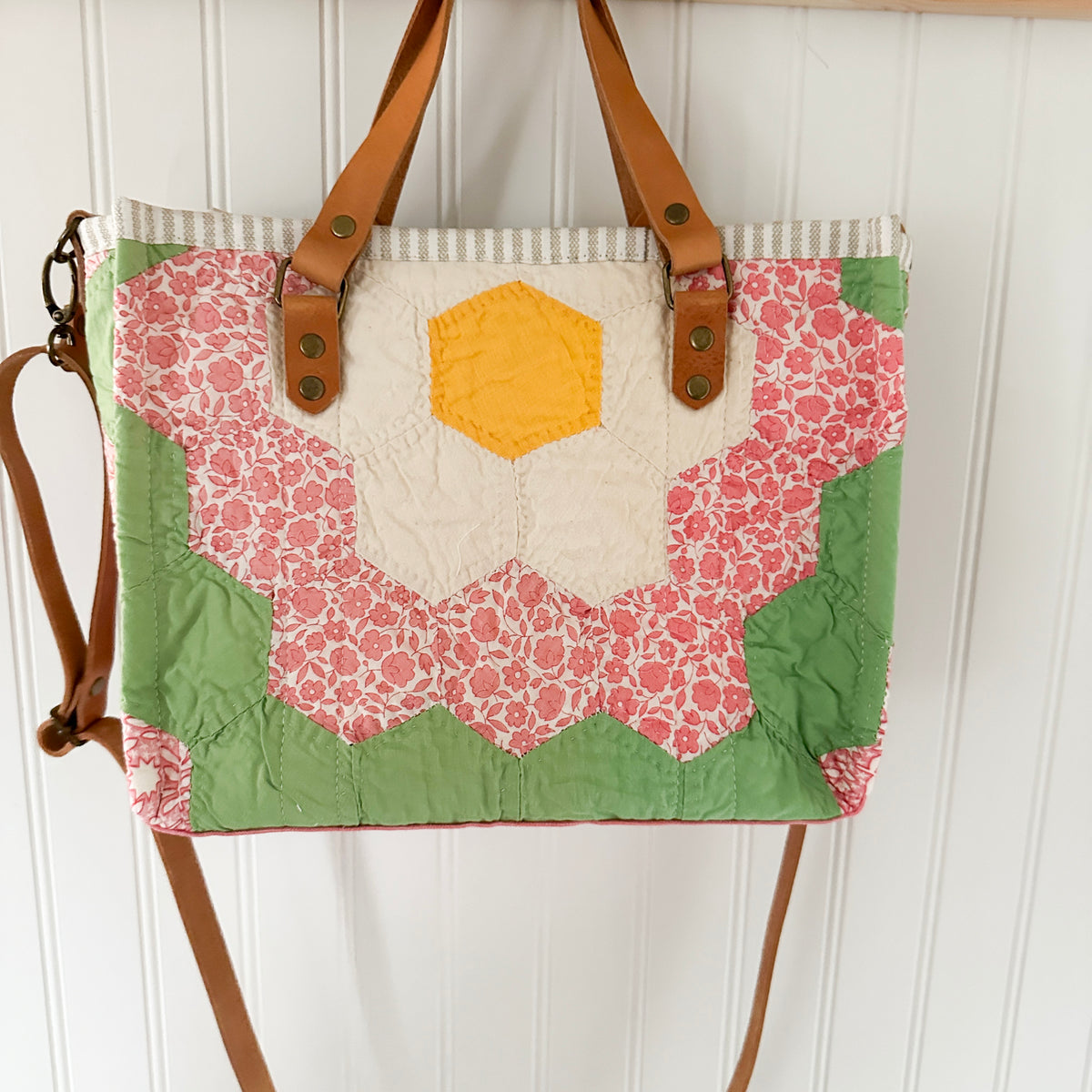 Boxy Bible Bag Vintage Grandmothers Garden Quilt with Leather Handles and Crossbody Strap
