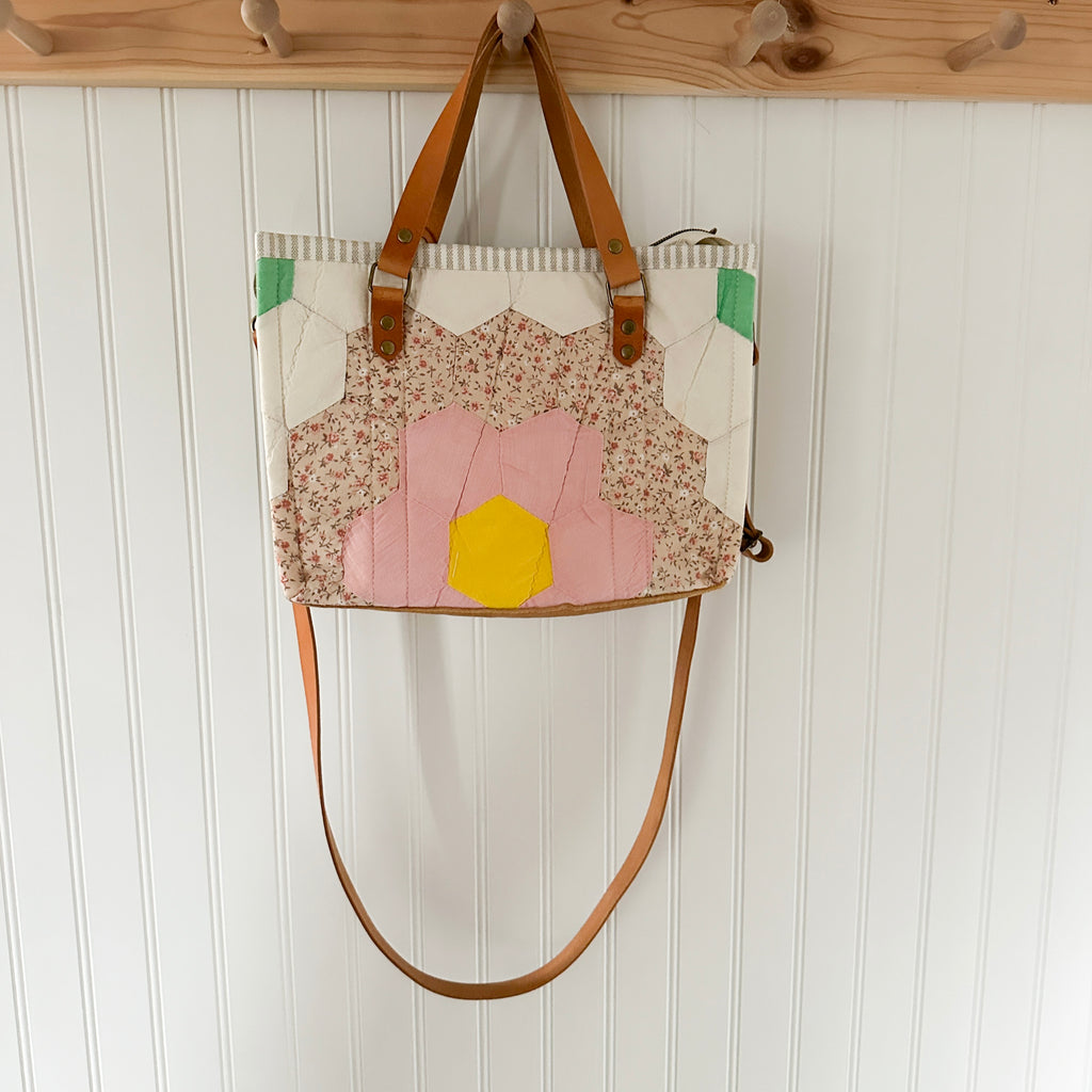 Boxy Bible Bag Vintage Grandmothers Garden Quilt with Leather Handles and Crossbody Strap
