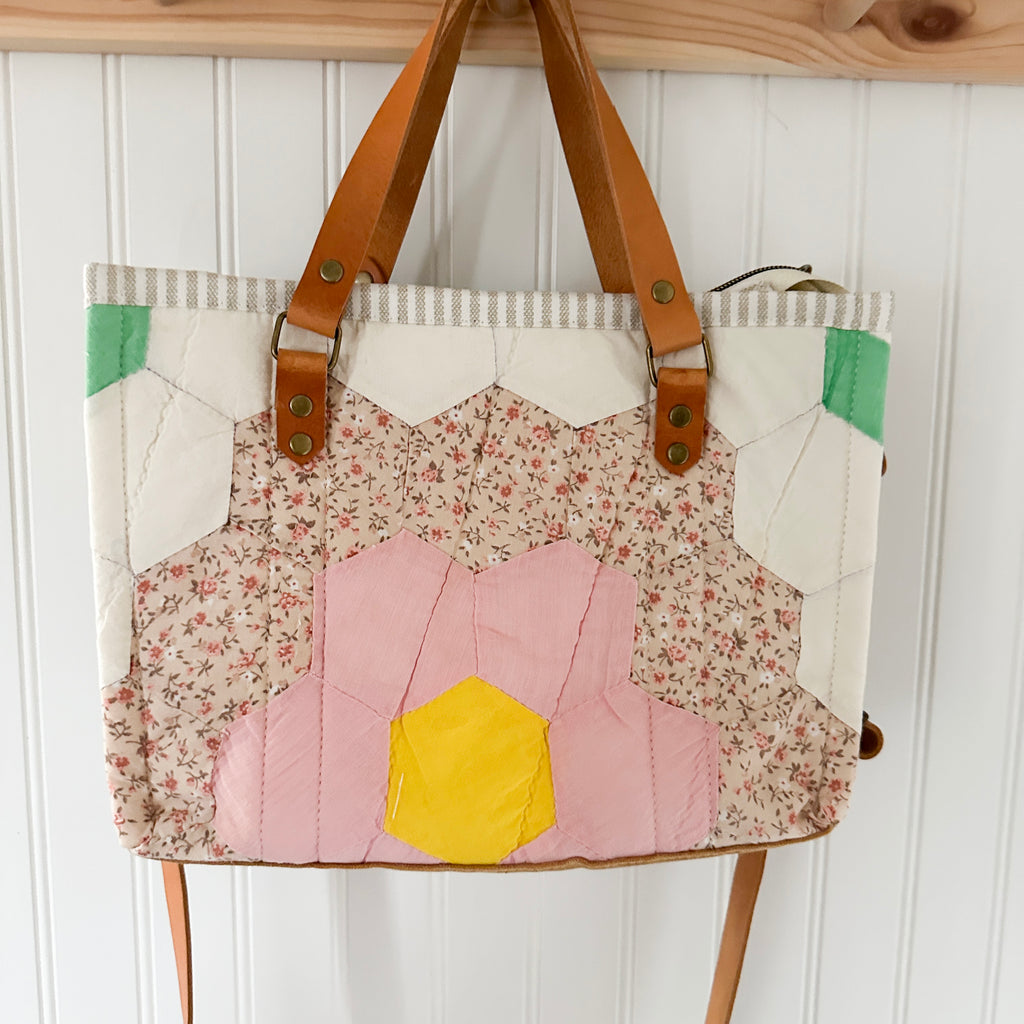 Boxy Bible Bag Vintage Grandmothers Garden Quilt with Leather Handles and Crossbody Strap