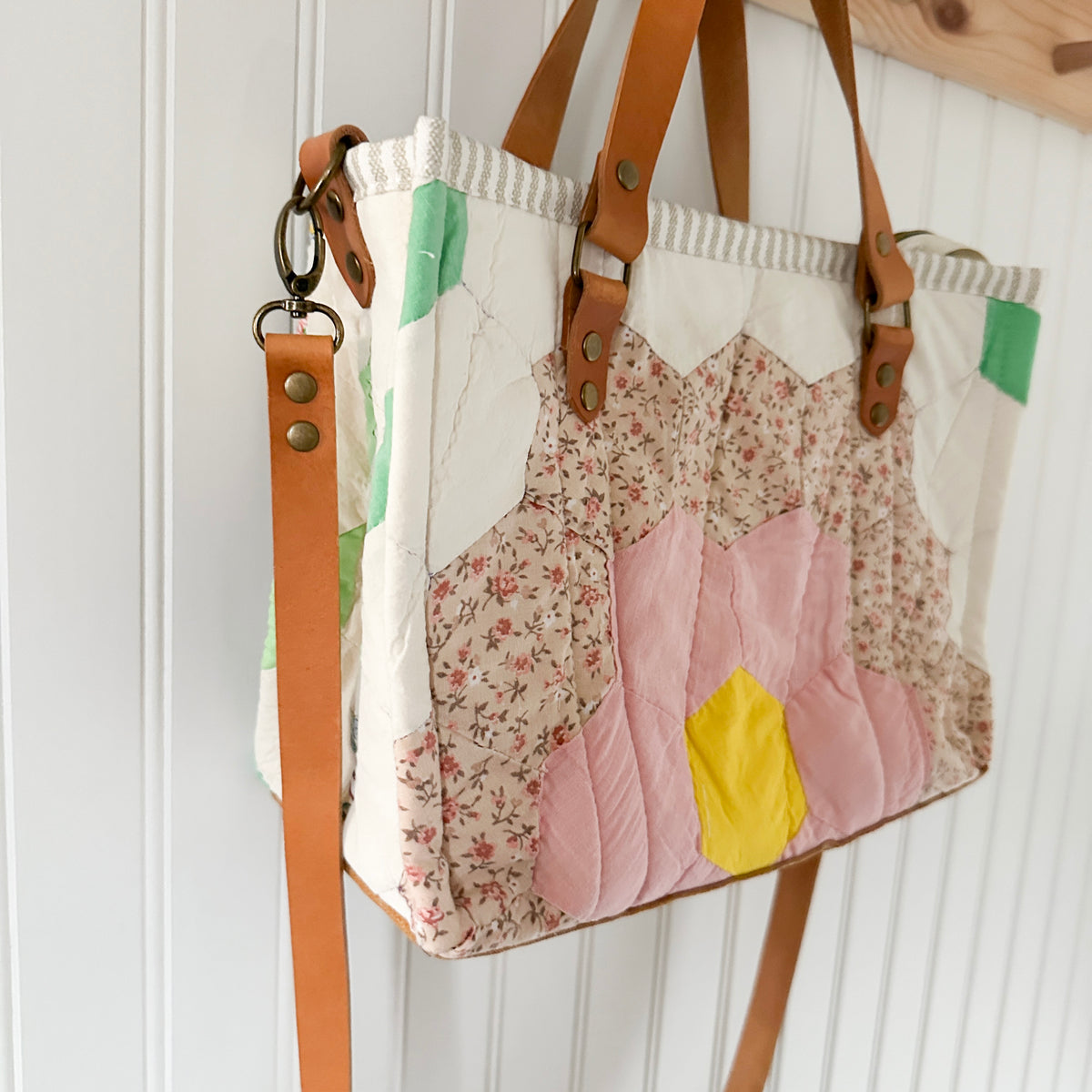 Boxy Bible Bag Vintage Grandmothers Garden Quilt with Leather Handles and Crossbody Strap