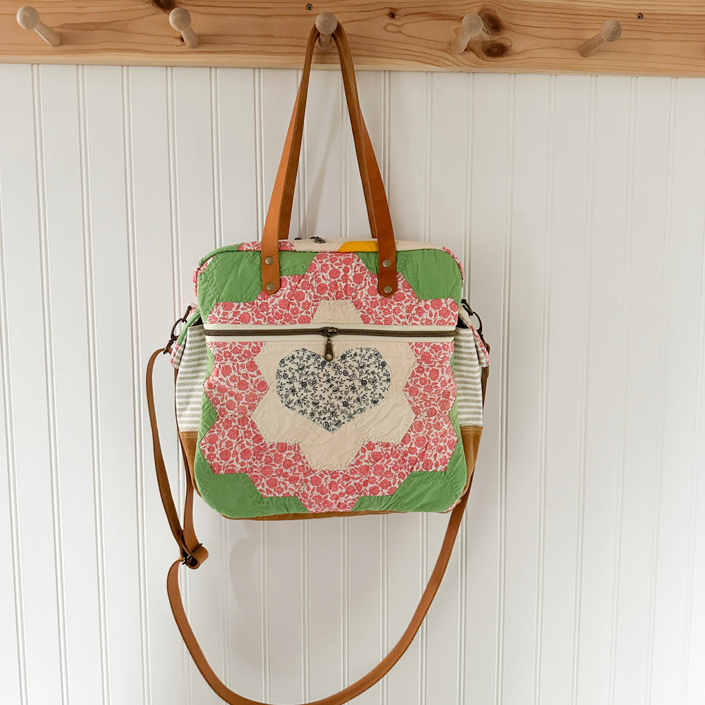 Sunday School Teachers Bag Vintage Grandmothers Garden Quilt with Leather Handles and Crossbody Strap