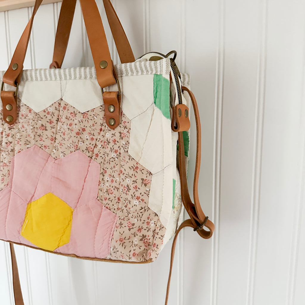 Boxy Bible Bag Vintage Grandmothers Garden Quilt with Leather Handles and Crossbody Strap