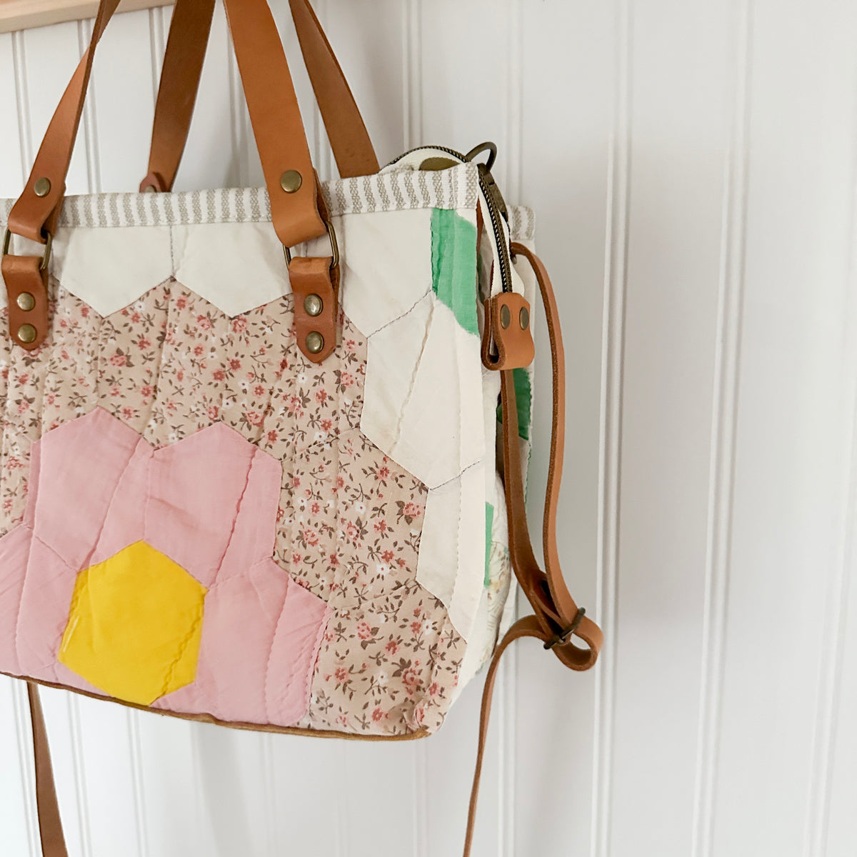 Boxy Bible Bag Vintage Grandmothers Garden Quilt with Leather Handles and Crossbody Strap