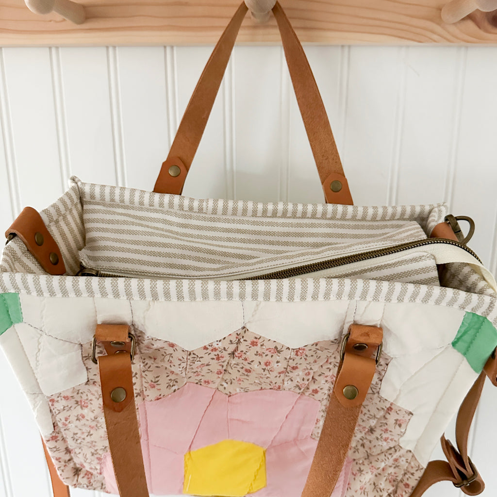 Boxy Bible Bag Vintage Grandmothers Garden Quilt with Leather Handles and Crossbody Strap