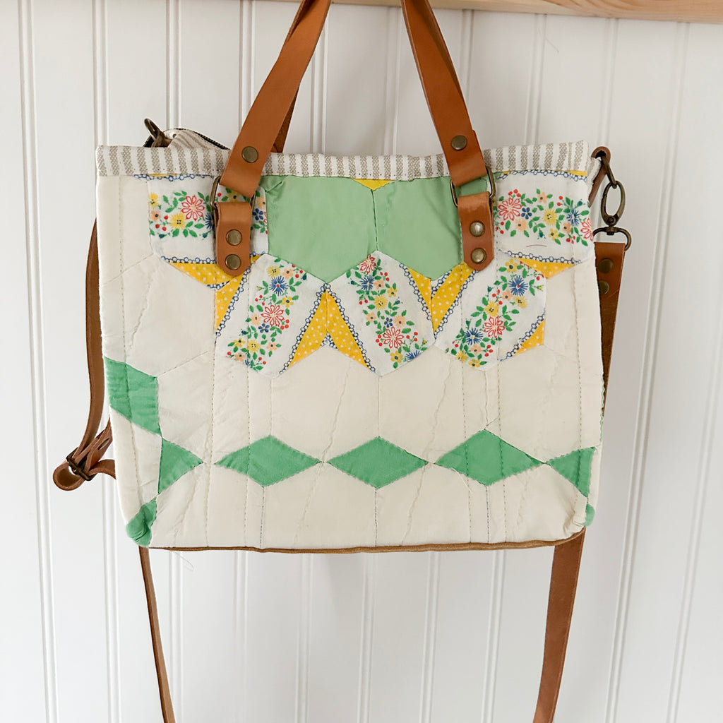 Boxy Bible Bag Vintage Grandmothers Garden Quilt with Leather Handles and Crossbody Strap