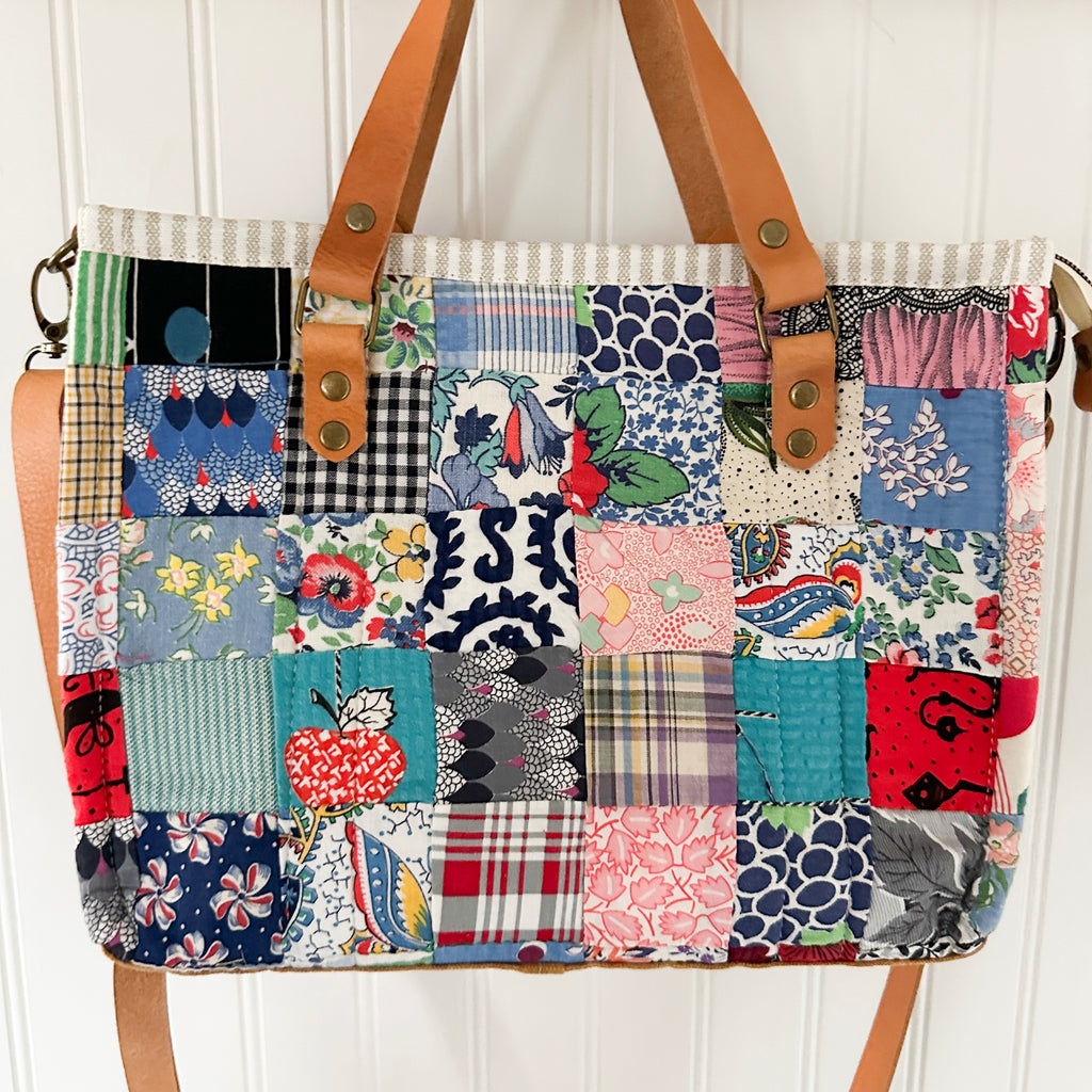 Boxy Bible Bag Vintage Feed Sack Postage Stamp Quilt with Leather Handles and Crossbody Strap