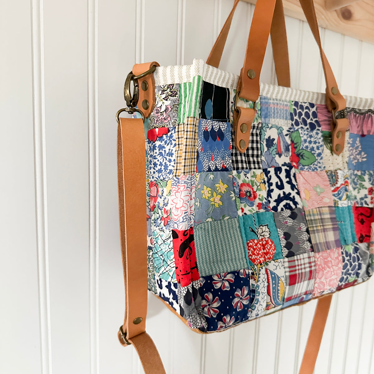 Boxy Bible Bag Vintage Feed Sack Postage Stamp Quilt with Leather Handles and Crossbody Strap