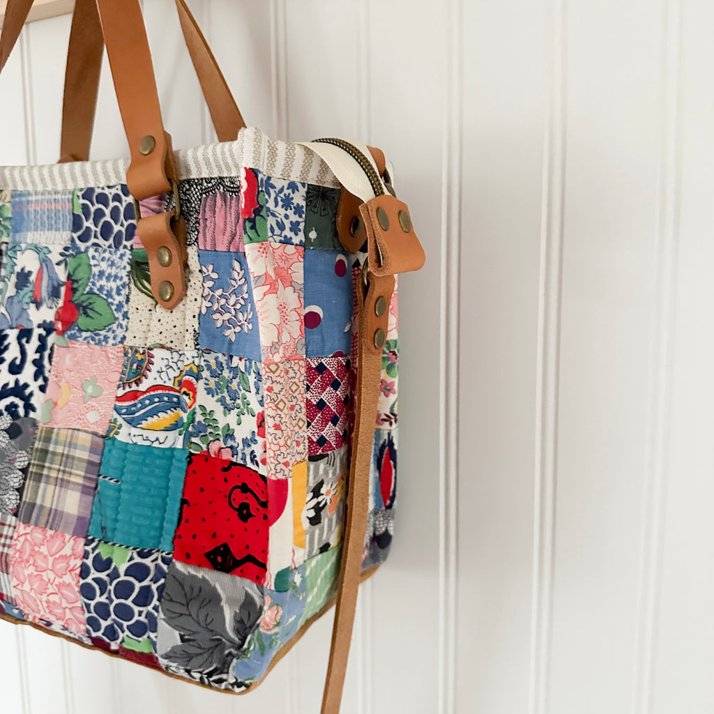 Boxy Bible Bag Vintage Feed Sack Postage Stamp Quilt with Leather Handles and Crossbody Strap