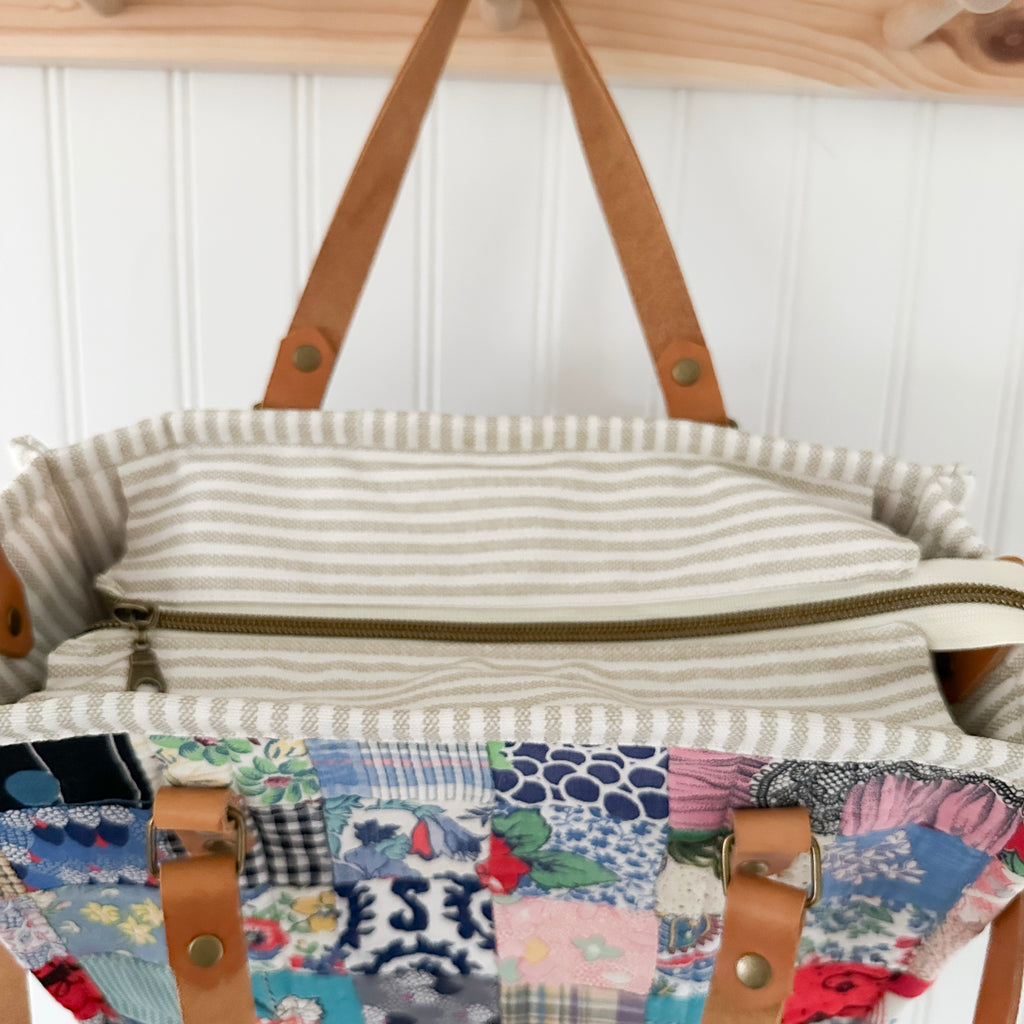 Boxy Bible Bag Vintage Feed Sack Postage Stamp Quilt with Leather Handles and Crossbody Strap