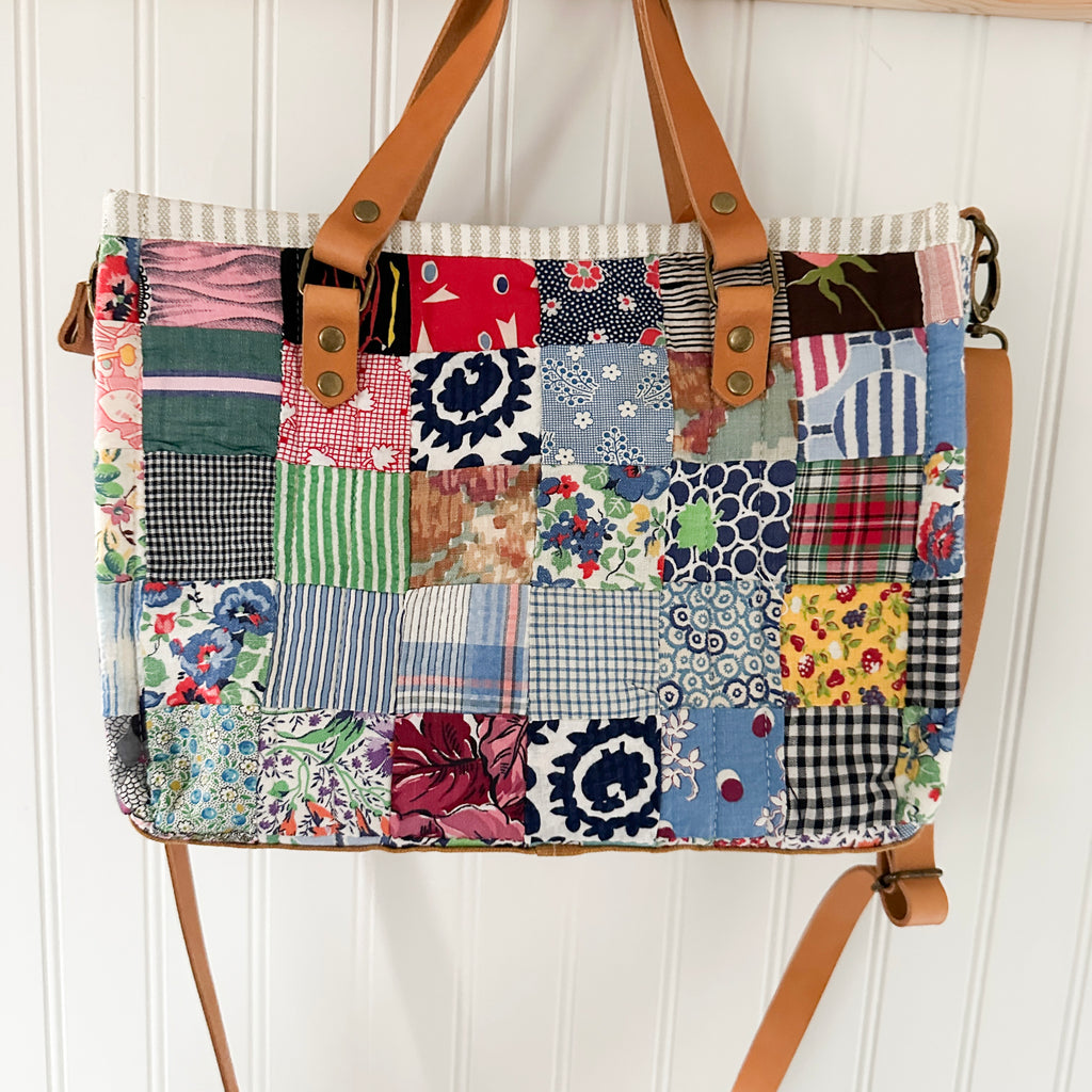 Boxy Bible Bag Vintage Feed Sack Postage Stamp Quilt with Leather Handles and Crossbody Strap
