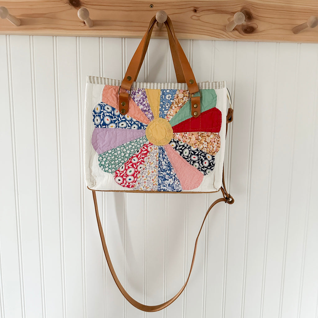 Boxy Bible Bag Vintage Dresden Plate Quilt with Leather Handles and Crossbody Strap