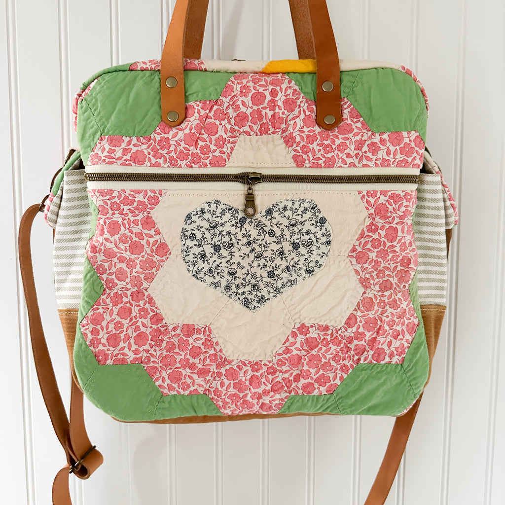 Sunday School Teachers Bag Vintage Grandmothers Garden Quilt with Leather Handles and Crossbody Strap