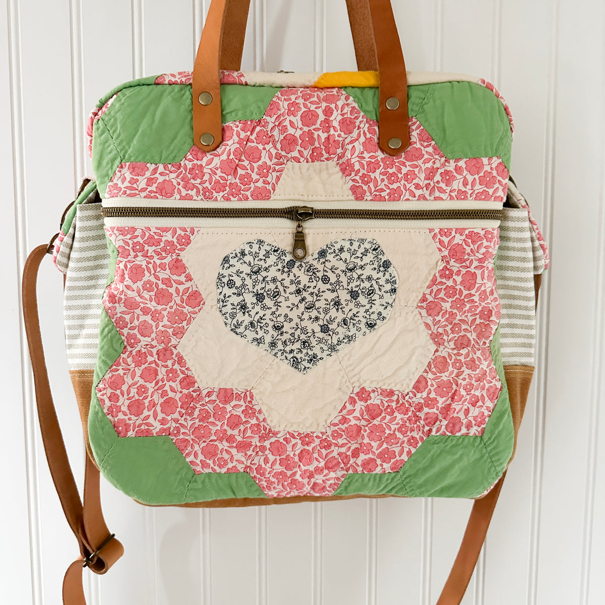 Sunday School Teachers Bag Vintage Grandmothers Garden Quilt with Leather Handles and Crossbody Strap
