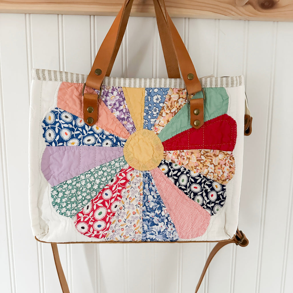 Boxy Bible Bag Vintage Dresden Plate Quilt with Leather Handles and Crossbody Strap
