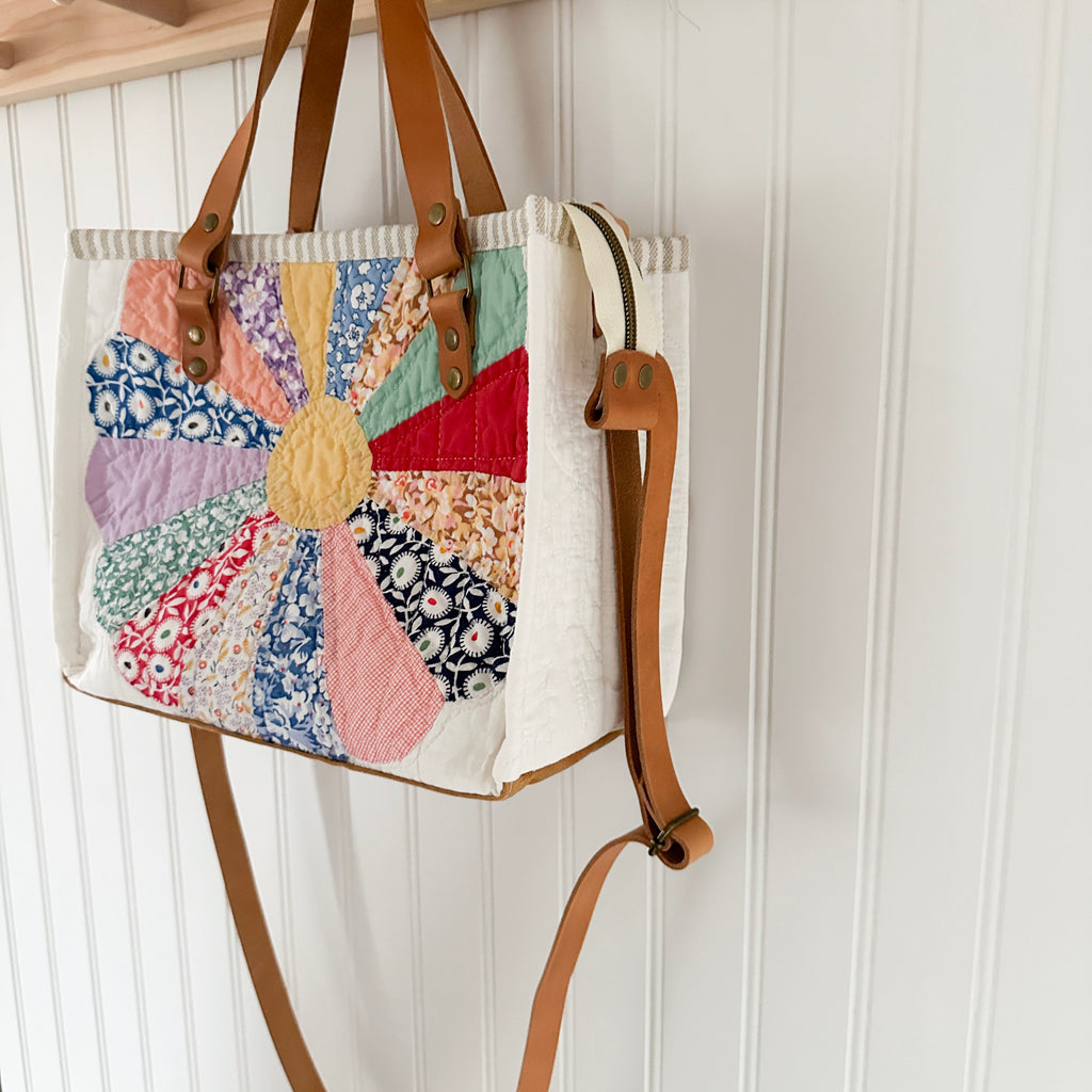 Boxy Bible Bag Vintage Dresden Plate Quilt with Leather Handles and Crossbody Strap