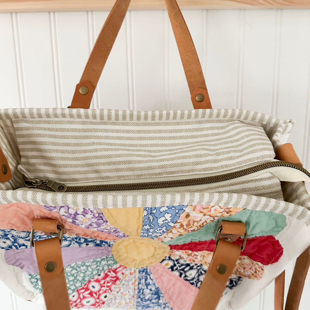 Boxy Bible Bag Vintage Dresden Plate Quilt with Leather Handles and Crossbody Strap