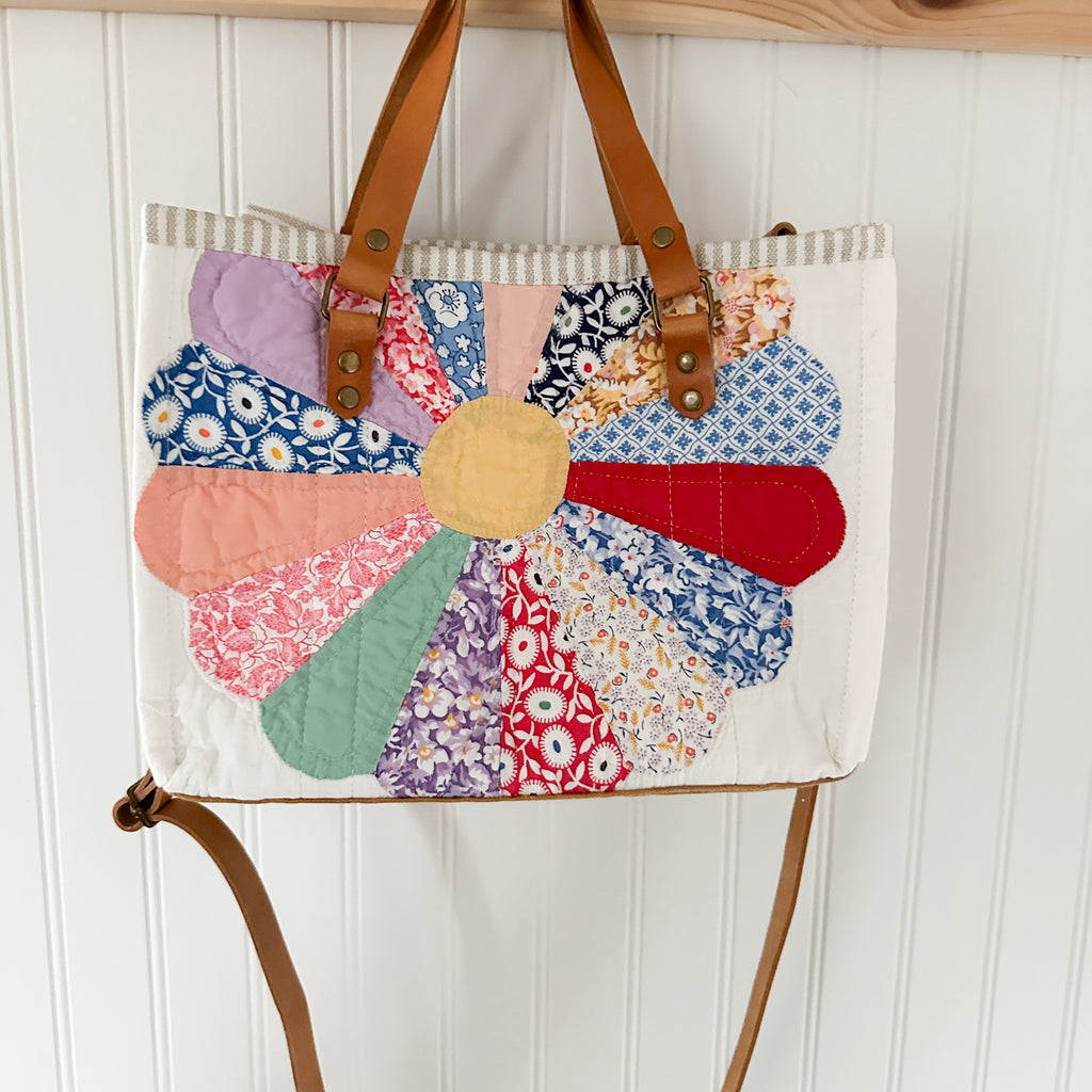 Boxy Bible Bag Vintage Dresden Plate Quilt with Leather Handles and Crossbody Strap