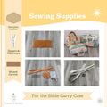 Sewing supplies for a Bible carry case including genuine leather, zippers, hardware, and waxed canvas on a wooden surface.