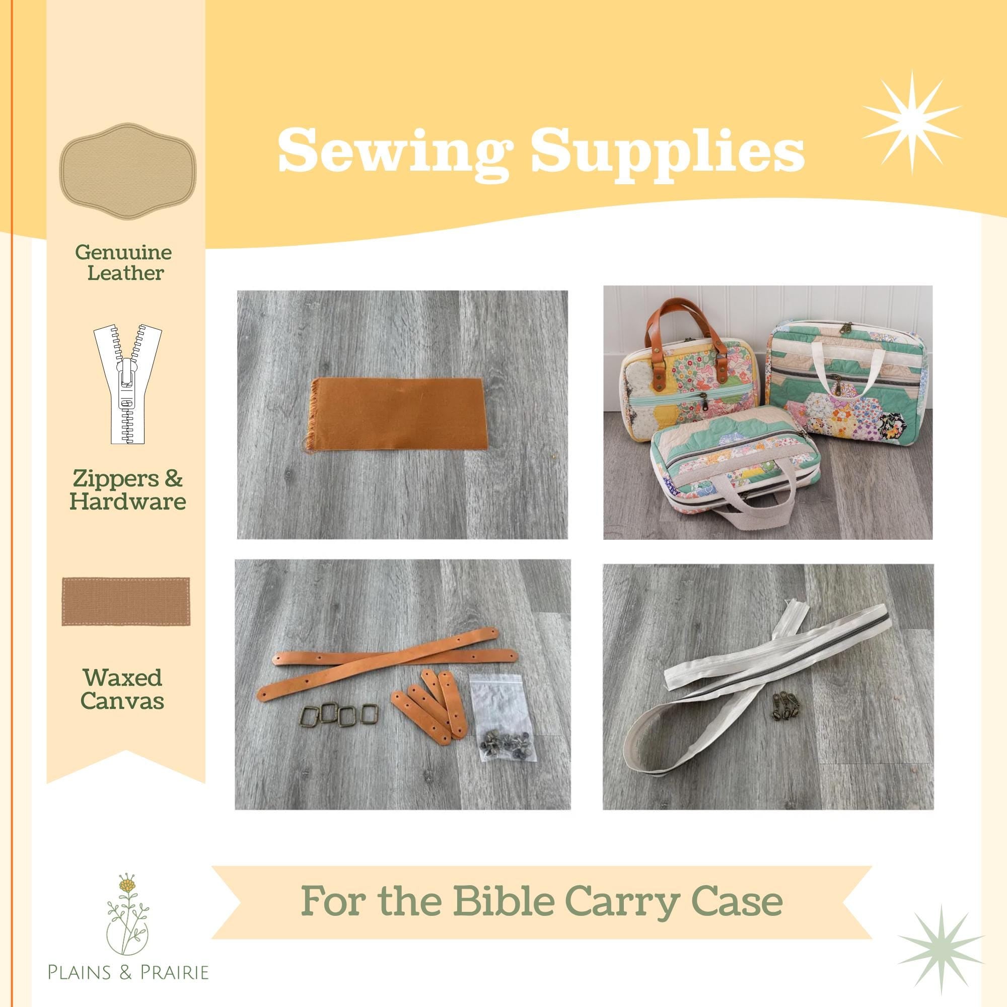 Sewing supplies for a Bible carry case including genuine leather, zippers, hardware, and waxed canvas on a wooden surface.