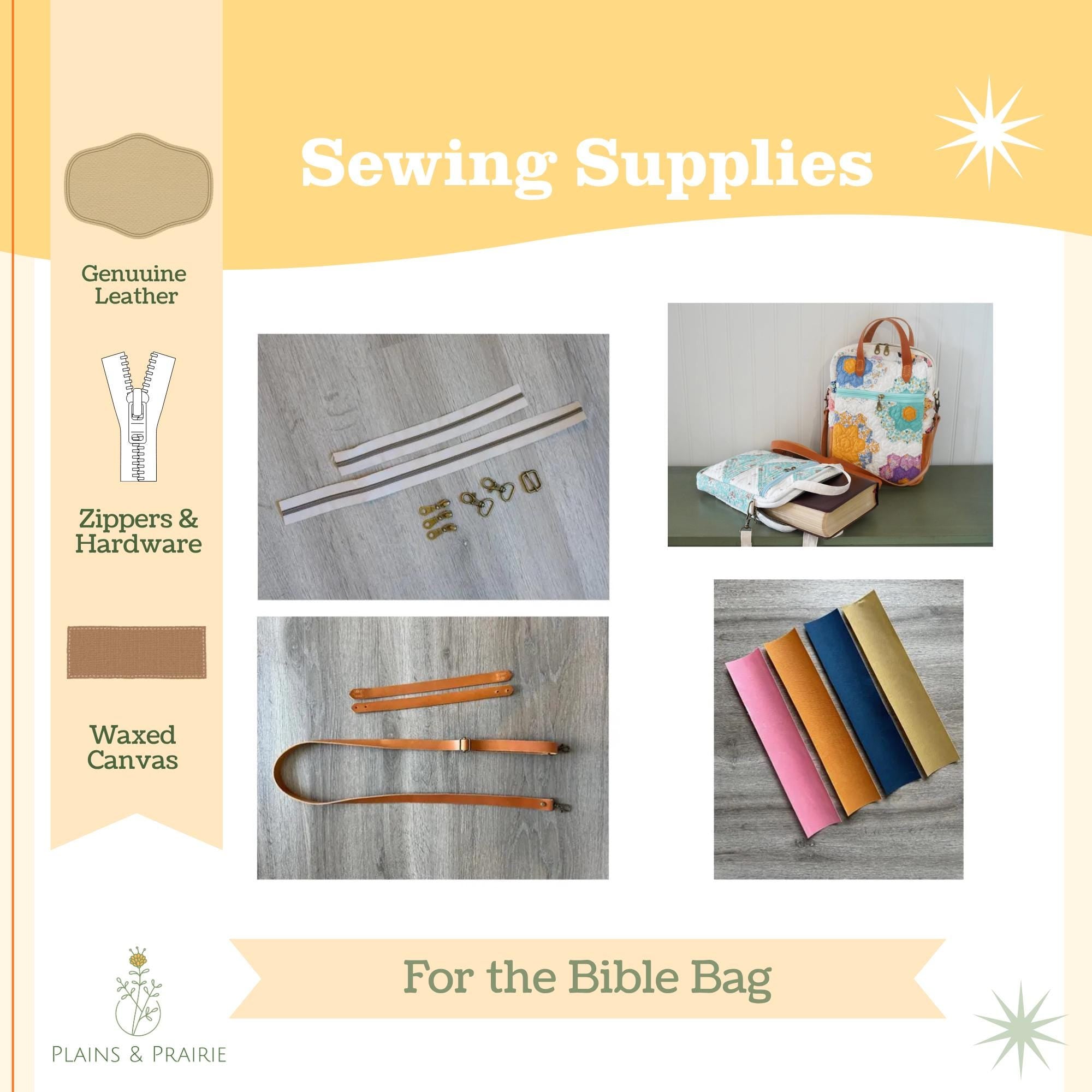 Sewing supplies for a Bible bag with text and product images on a beige background.
